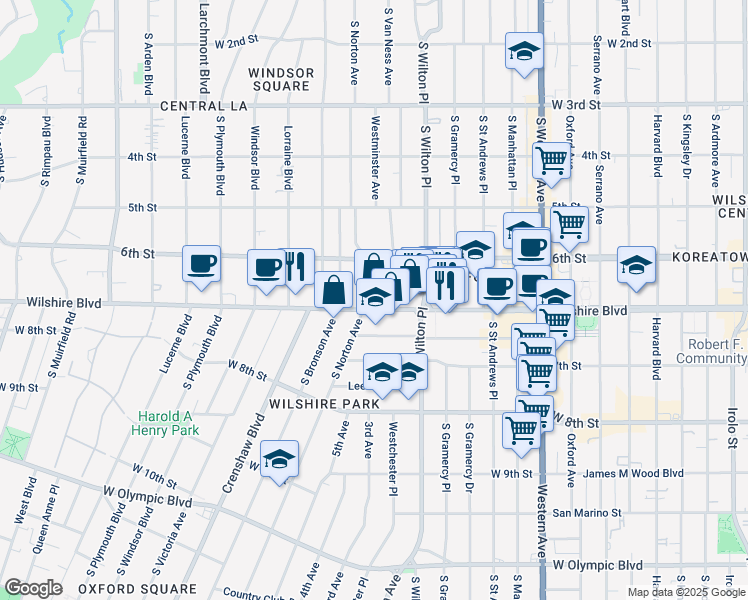 map of restaurants, bars, coffee shops, grocery stores, and more near 4101 Wilshire Boulevard in Los Angeles