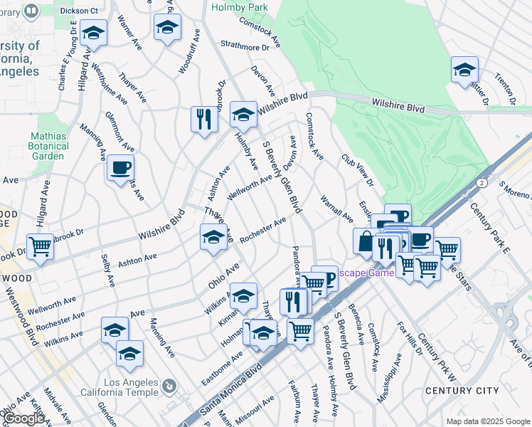 map of restaurants, bars, coffee shops, grocery stores, and more near 1352 Woodruff Avenue in Los Angeles