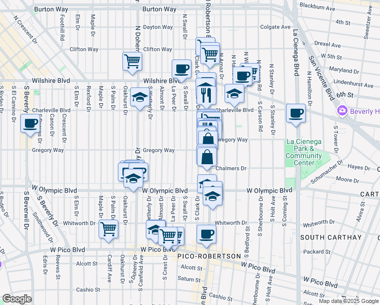 map of restaurants, bars, coffee shops, grocery stores, and more near 300 North Swall Drive in Beverly Hills