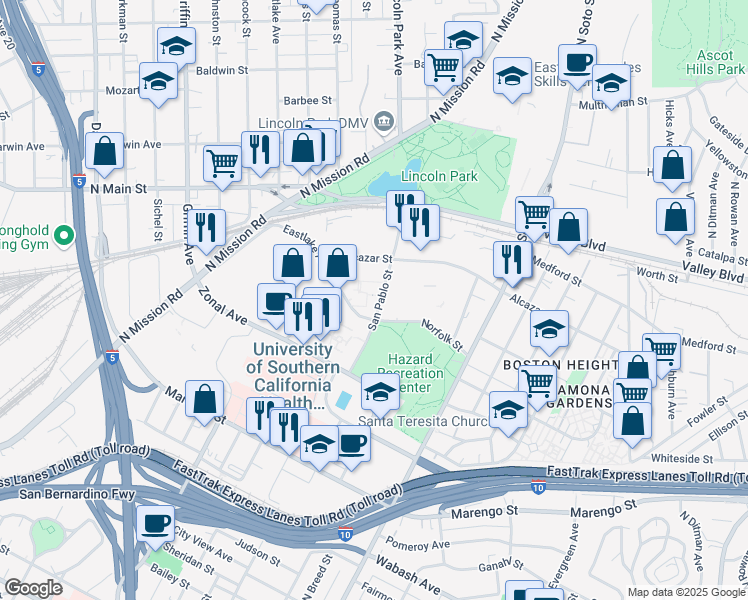 map of restaurants, bars, coffee shops, grocery stores, and more near 1425 San Pablo Street in Los Angeles