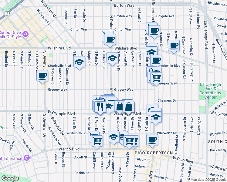 map of restaurants, bars, coffee shops, grocery stores, and more near 301 South Wetherly Drive in Beverly Hills