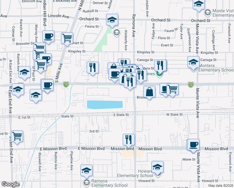 map of restaurants, bars, coffee shops, grocery stores, and more near 4392 Brooks Street in Montclair