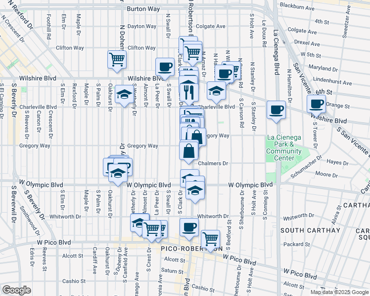 map of restaurants, bars, coffee shops, grocery stores, and more near 300 South Clark Drive in Beverly Hills
