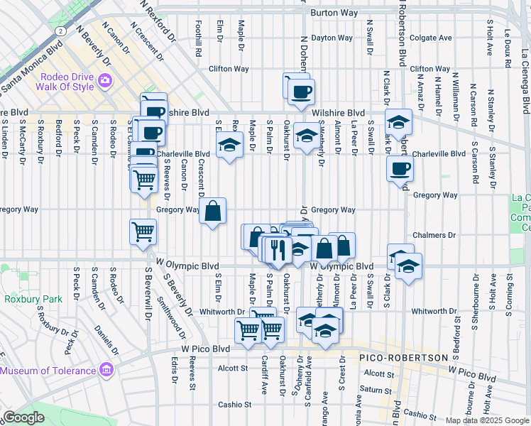 map of restaurants, bars, coffee shops, grocery stores, and more near 301 South Palm Drive in Beverly Hills