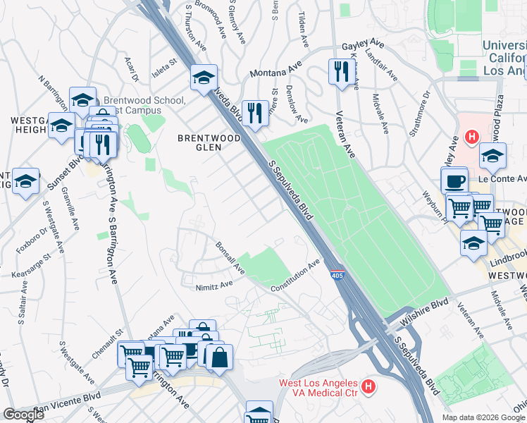 map of restaurants, bars, coffee shops, grocery stores, and more near 11368 Chenault Street in Los Angeles