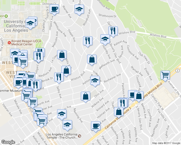 map of restaurants, bars, coffee shops, grocery stores, and more near 10555 Ashton Avenue in Los Angeles
