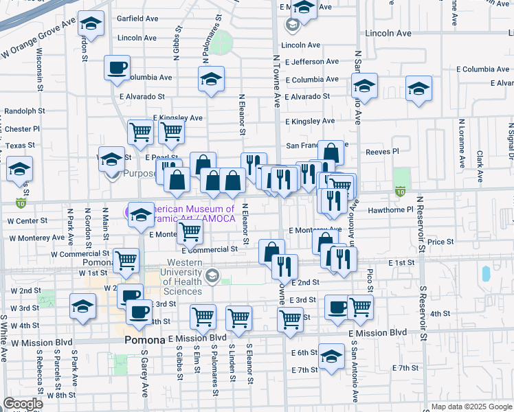 map of restaurants, bars, coffee shops, grocery stores, and more near 463 East Center Street in Pomona