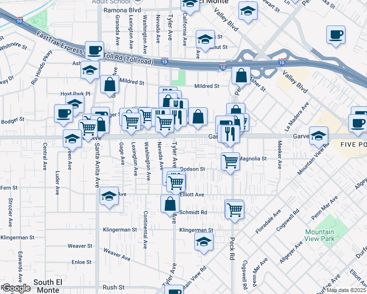 map of restaurants, bars, coffee shops, grocery stores, and more near 2820 Lily Lane in El Monte