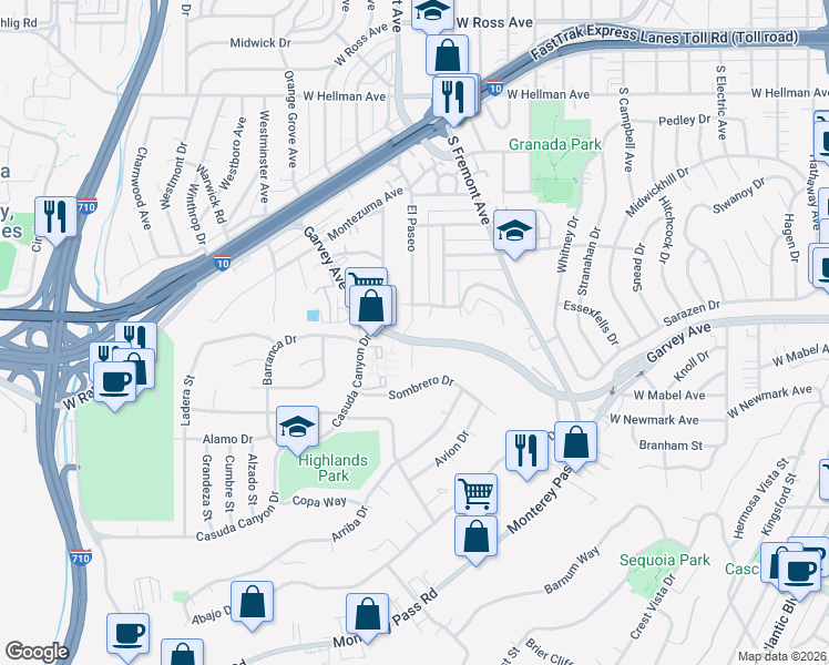 map of restaurants, bars, coffee shops, grocery stores, and more near 1707 Garvey Avenue in Alhambra