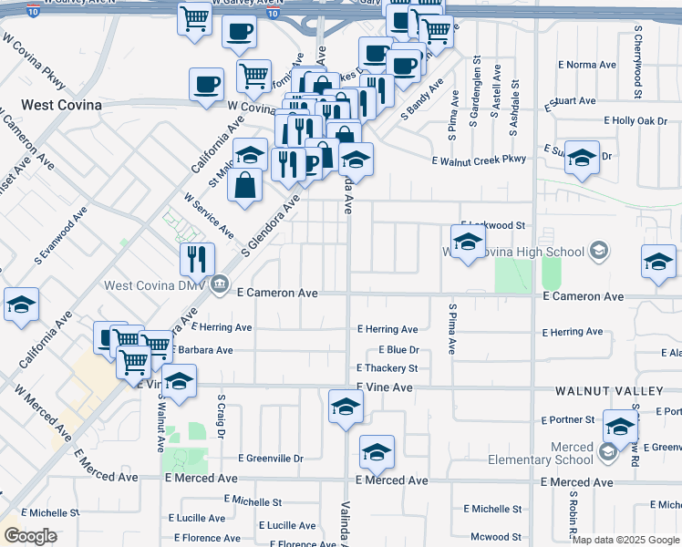 map of restaurants, bars, coffee shops, grocery stores, and more near 731 Valinda Avenue in West Covina