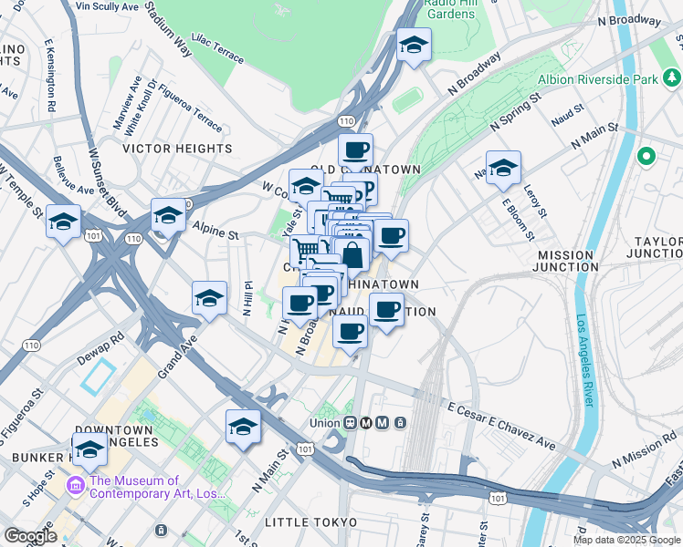 map of restaurants, bars, coffee shops, grocery stores, and more near 214 Alpine Street in Los Angeles