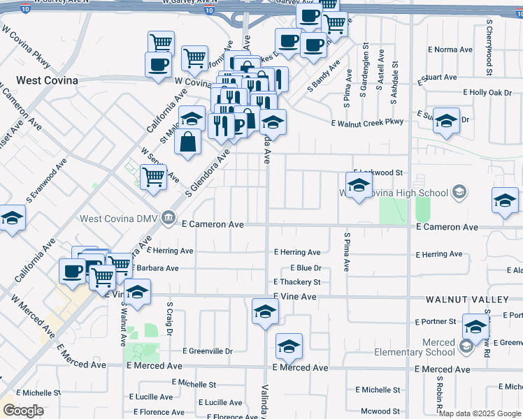 map of restaurants, bars, coffee shops, grocery stores, and more near 731 Valinda Avenue in West Covina
