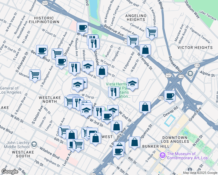 map of restaurants, bars, coffee shops, grocery stores, and more near 117 North Toluca Street in Los Angeles