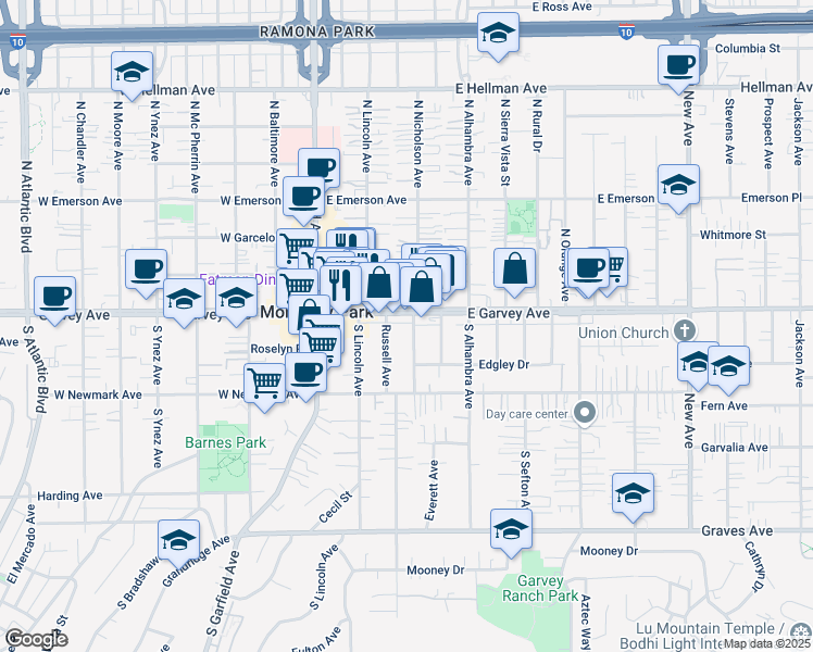 map of restaurants, bars, coffee shops, grocery stores, and more near 111 S Nicholson Ave in Monterey Park