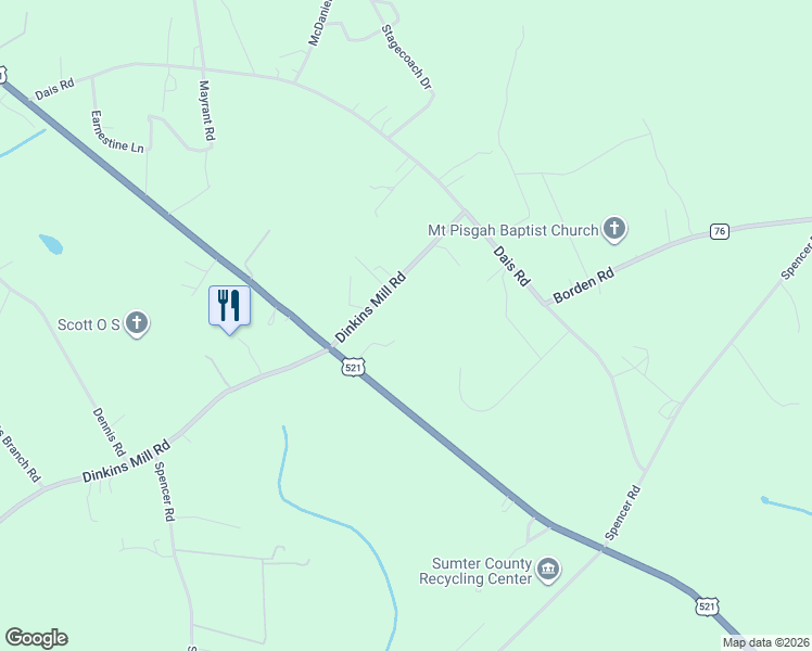 map of restaurants, bars, coffee shops, grocery stores, and more near 5640 Dinkins Mill Road in Rembert
