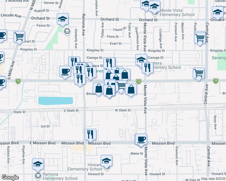 map of restaurants, bars, coffee shops, grocery stores, and more near 4664 Brooks Street in Montclair