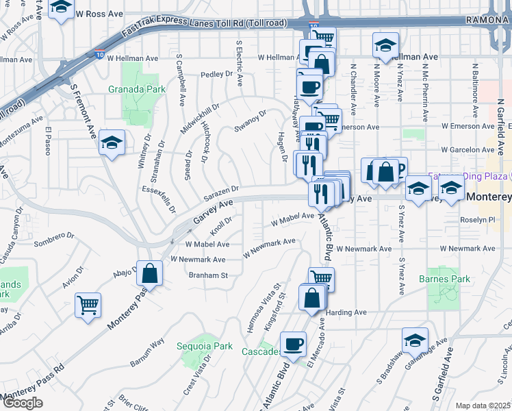 map of restaurants, bars, coffee shops, grocery stores, and more near 111 Marguerita Avenue in Monterey Park