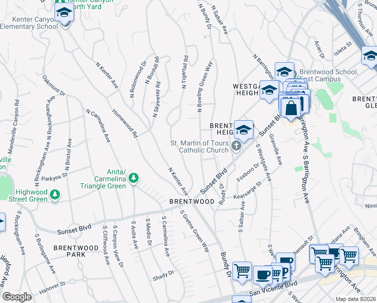 map of restaurants, bars, coffee shops, grocery stores, and more near 216 N Tigertail Rd in Los Angeles
