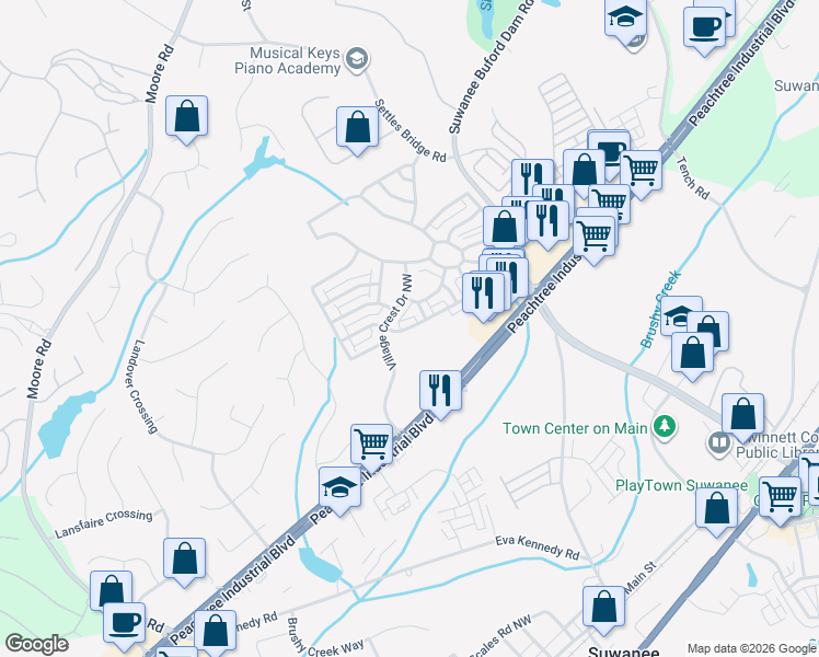 map of restaurants, bars, coffee shops, grocery stores, and more near 797 Village Field Court Northwest in Suwanee