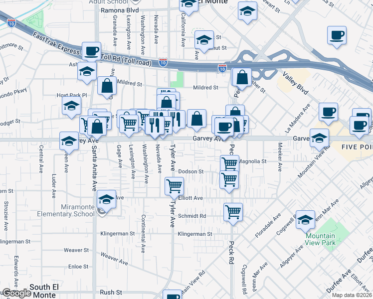 map of restaurants, bars, coffee shops, grocery stores, and more near 2825 Blossom Court in El Monte