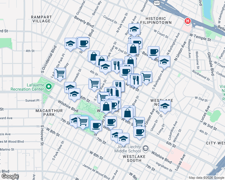 map of restaurants, bars, coffee shops, grocery stores, and more near in Los Angeles
