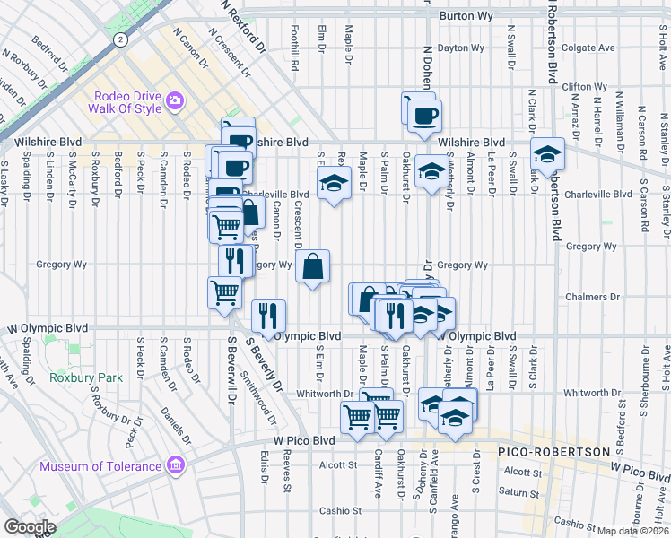 map of restaurants, bars, coffee shops, grocery stores, and more near 300 South Rexford Drive in Beverly Hills