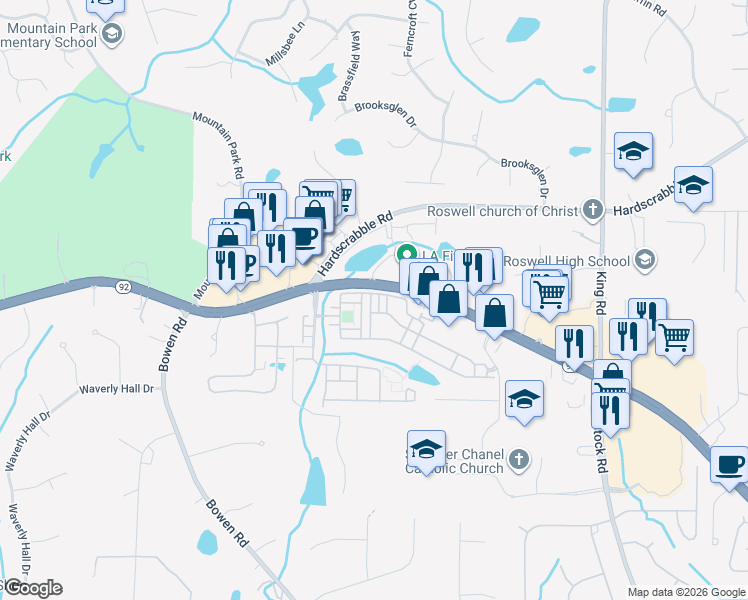 map of restaurants, bars, coffee shops, grocery stores, and more near 4503 Kendall Way in Roswell