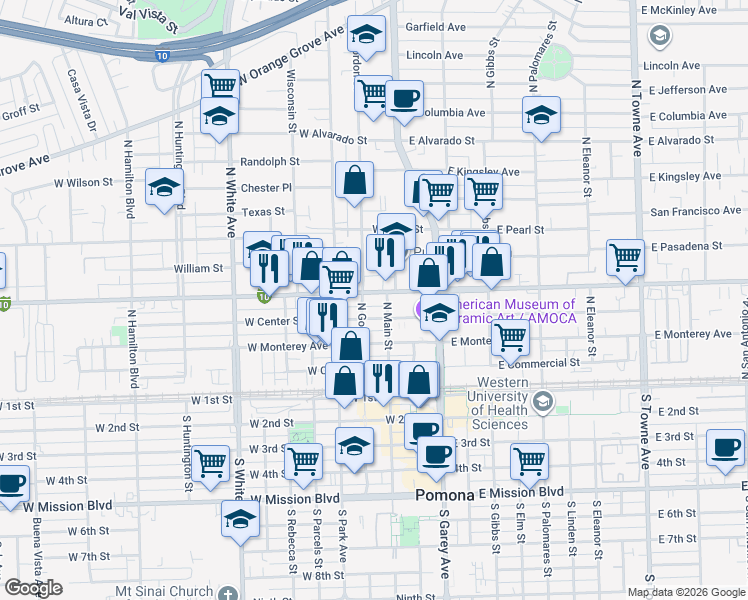 map of restaurants, bars, coffee shops, grocery stores, and more near 244 West Holt Avenue in Pomona