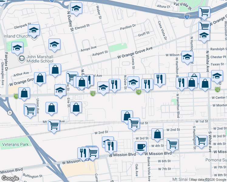 map of restaurants, bars, coffee shops, grocery stores, and more near 1395 West Holt Avenue in Pomona