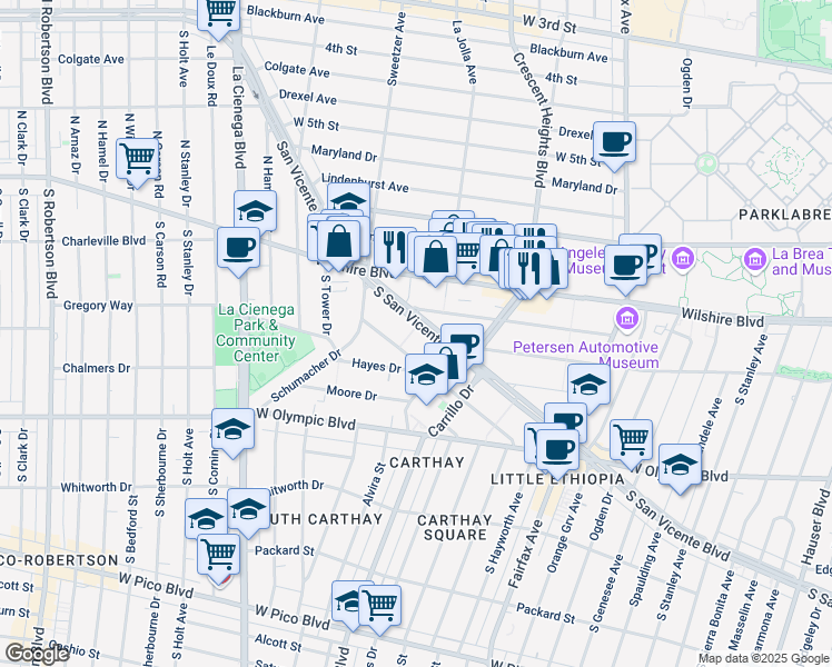 map of restaurants, bars, coffee shops, grocery stores, and more near 6460 San Vicente Boulevard in Los Angeles