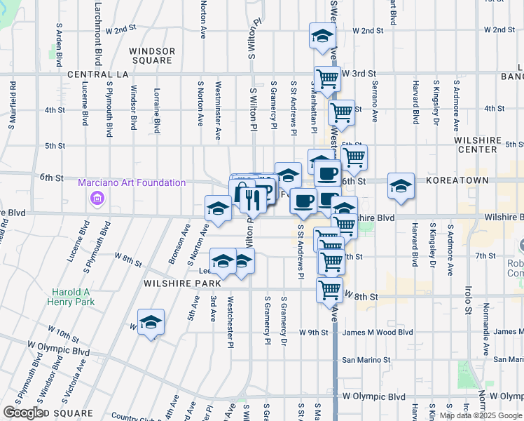 map of restaurants, bars, coffee shops, grocery stores, and more near 640 South Wilton Place in Los Angeles