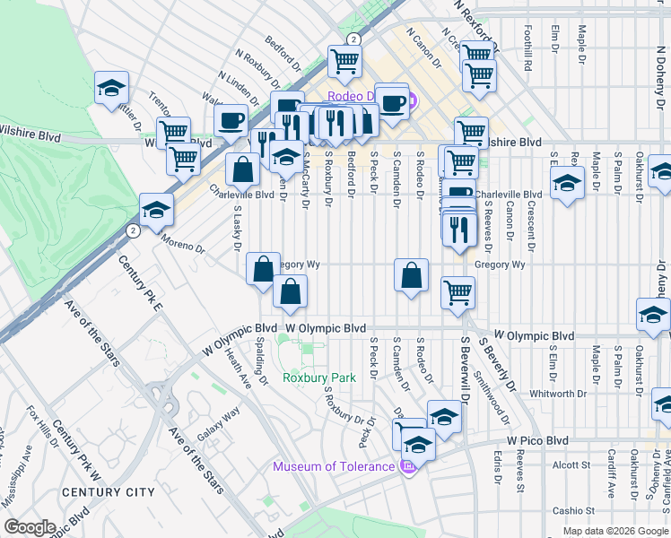 map of restaurants, bars, coffee shops, grocery stores, and more near 300 South Roxbury Drive in Beverly Hills