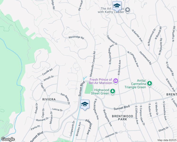 map of restaurants, bars, coffee shops, grocery stores, and more near 1639 Mandeville Canyon Road in Los Angeles