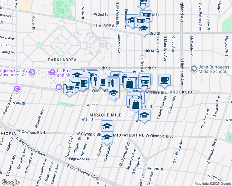 map of restaurants, bars, coffee shops, grocery stores, and more near 5410 Wilshire Boulevard in Los Angeles