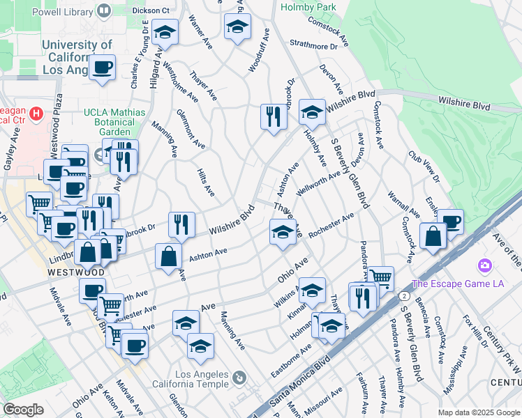 map of restaurants, bars, coffee shops, grocery stores, and more near 10560 Wilshire Boulevard in Los Angeles