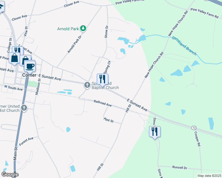 map of restaurants, bars, coffee shops, grocery stores, and more near 791 East Sunset Avenue in Comer