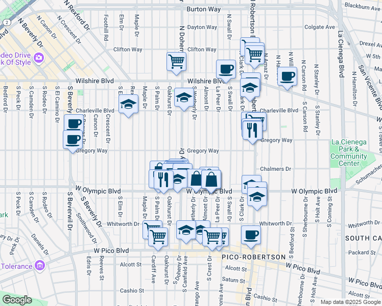 map of restaurants, bars, coffee shops, grocery stores, and more near 301 South Wetherly Drive in Beverly Hills