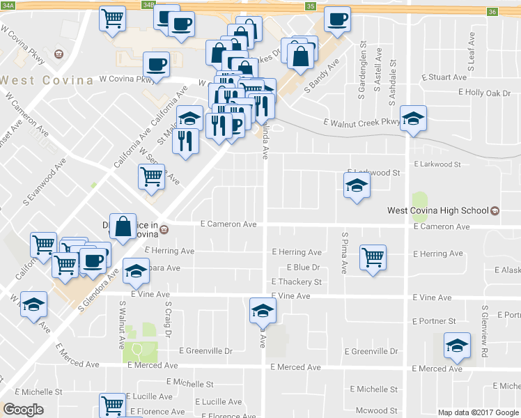 map of restaurants, bars, coffee shops, grocery stores, and more near 731 Valinda Avenue in West Covina
