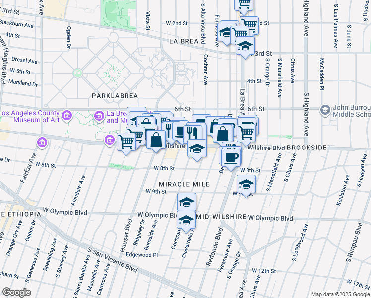 map of restaurants, bars, coffee shops, grocery stores, and more near 5500 Wilshire Boulevard in Los Angeles