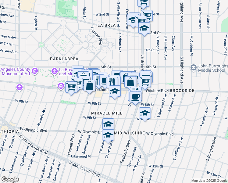 map of restaurants, bars, coffee shops, grocery stores, and more near 5500 Wilshire Boulevard in Los Angeles