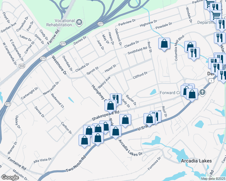 map of restaurants, bars, coffee shops, grocery stores, and more near 3617 Judy Street in Columbia