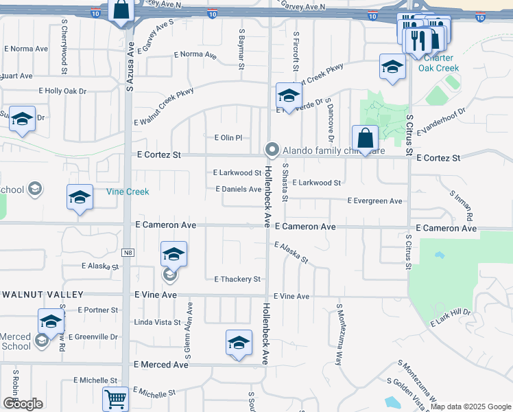 map of restaurants, bars, coffee shops, grocery stores, and more near 2135 Mesita Avenue in West Covina