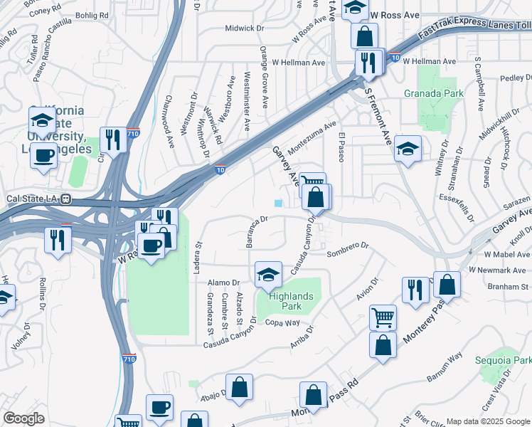 map of restaurants, bars, coffee shops, grocery stores, and more near 247 Barranca Drive in Monterey Park
