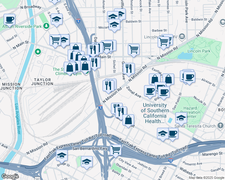 map of restaurants, bars, coffee shops, grocery stores, and more near 1709 Sichel Street in Los Angeles