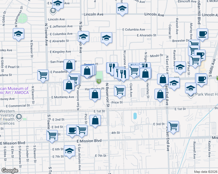 map of restaurants, bars, coffee shops, grocery stores, and more near 420 North Reservoir Street in Pomona