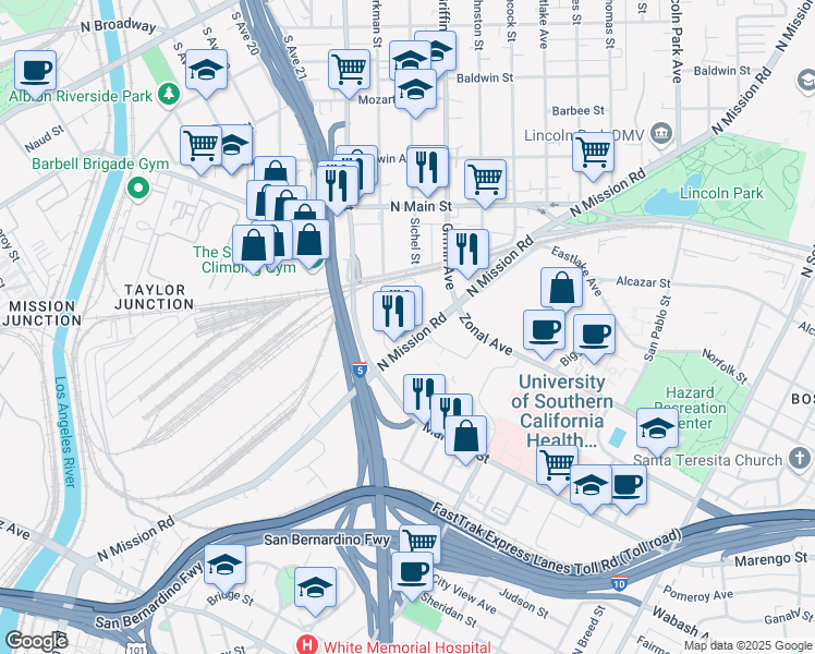 map of restaurants, bars, coffee shops, grocery stores, and more near 1709 Sichel Street in Los Angeles