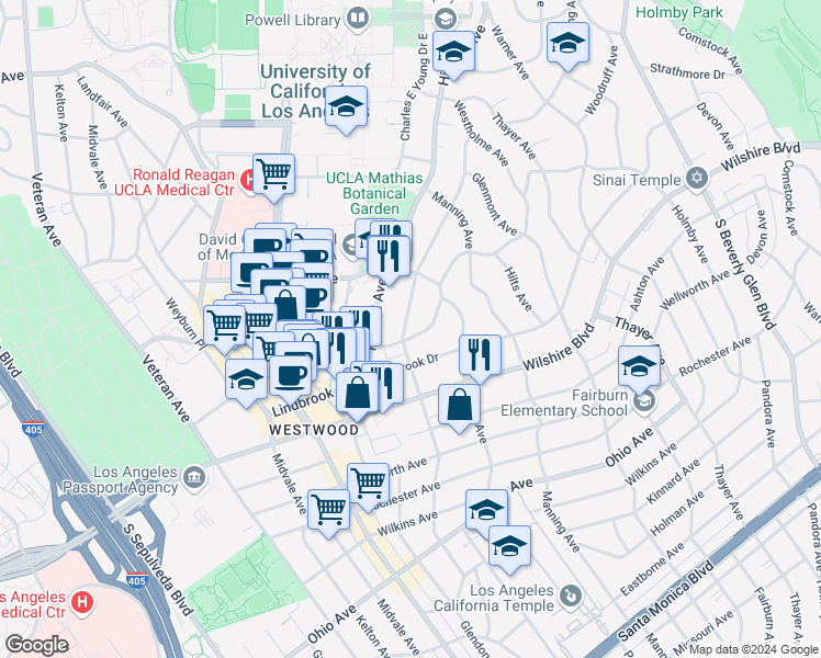 map of restaurants, bars, coffee shops, grocery stores, and more near 966 Malcolm Avenue in Los Angeles
