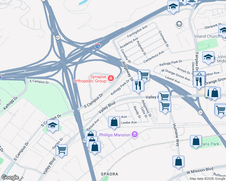 map of restaurants, bars, coffee shops, grocery stores, and more near 2491 Kellogg Park Drive in Pomona