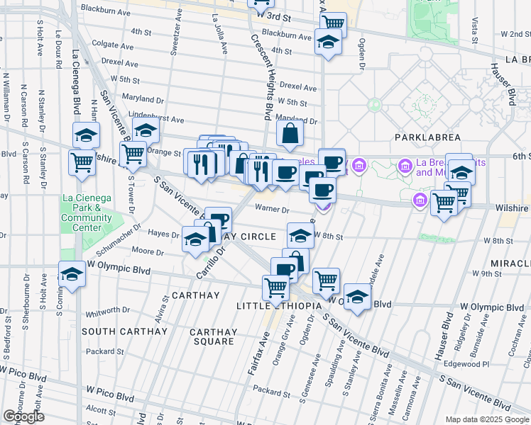 map of restaurants, bars, coffee shops, grocery stores, and more near 6234 Warner Drive in Los Angeles