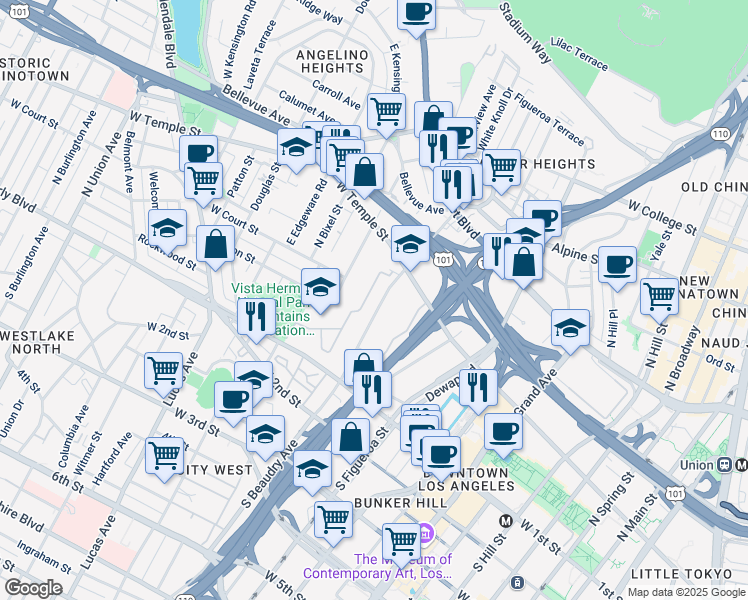 map of restaurants, bars, coffee shops, grocery stores, and more near 227 N Beaudry Ave in Los Angeles